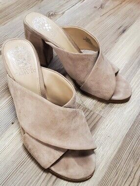 Vince Camuto Beige Suede Crisscross Block Heel Mules Size 6 Good Condition
